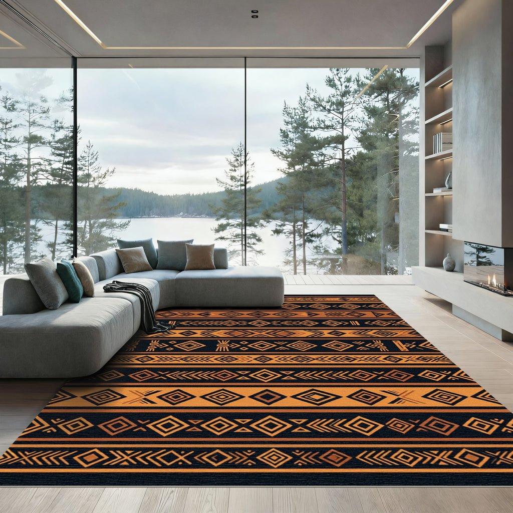 Earthy Amber Geometric Tribal Stripe Rug