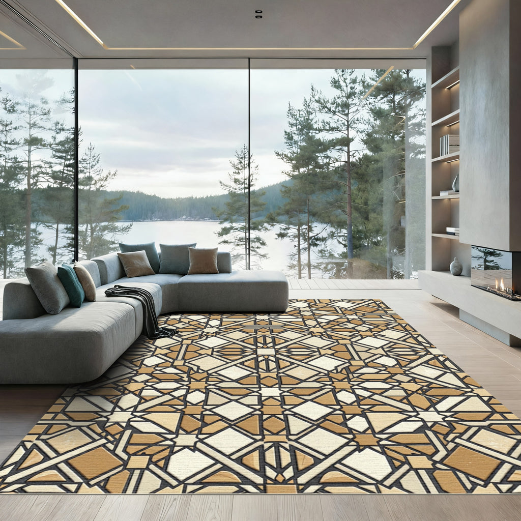 Geometric Sepia Interlocking Star Pattern Rug