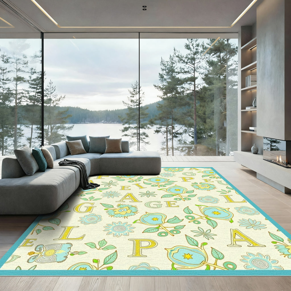 Light Yellow Floral Alphabet Pattern Rug