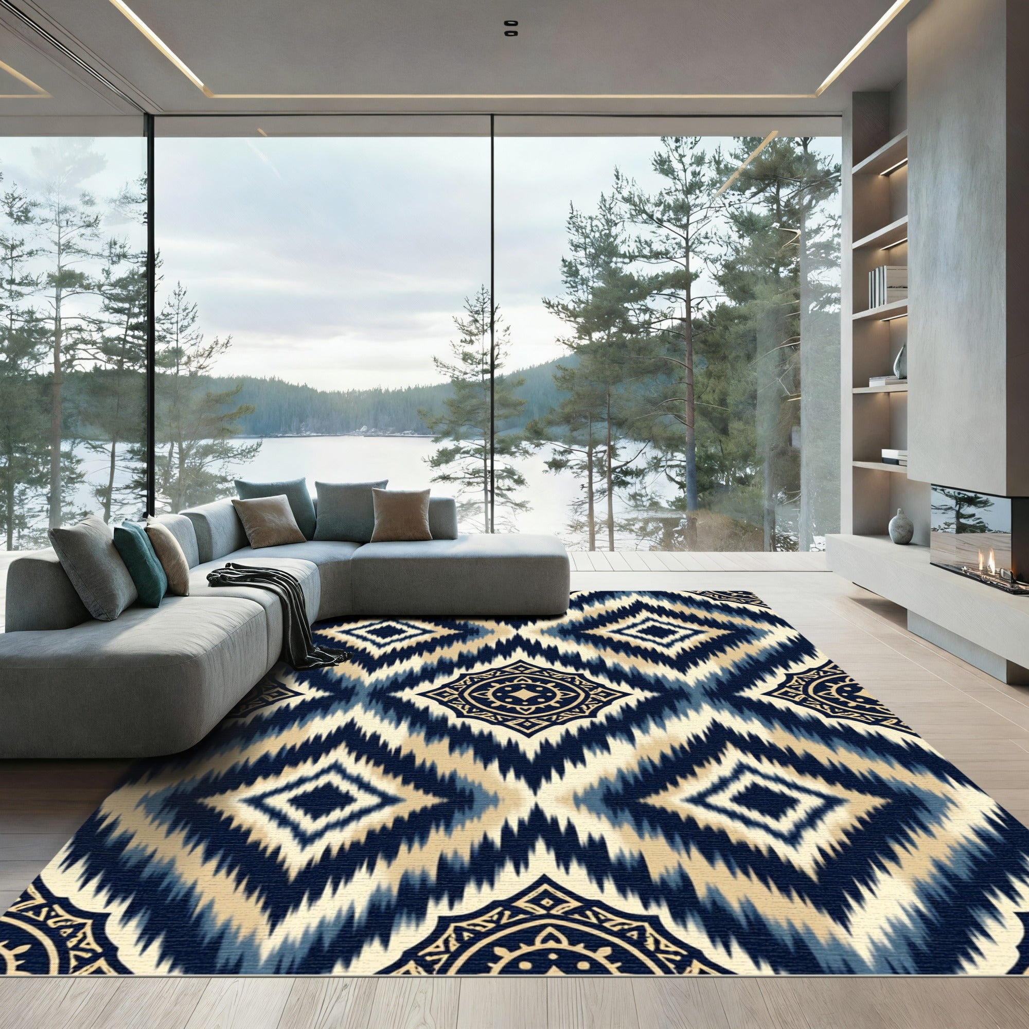 Navy and Gold Ikat Diamond Medallion Rug