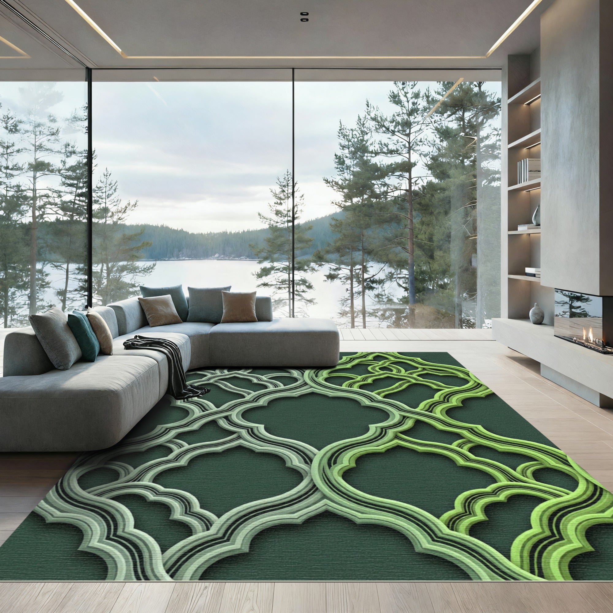 Intricate Green Arabesque Lattice Rug