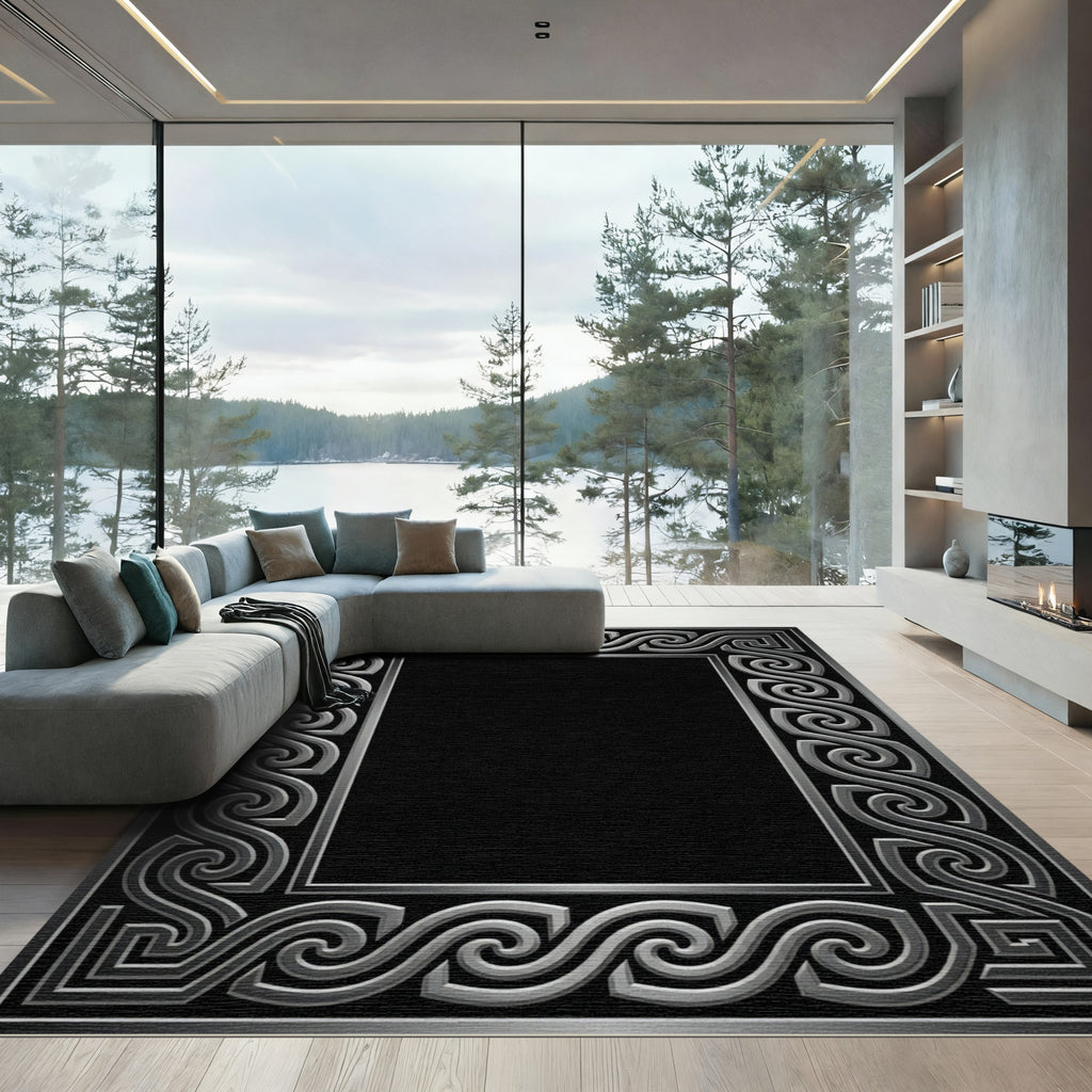 Silver Gray Ornate Scroll Border Rug