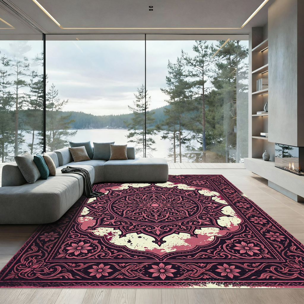 Intricate Maroon Floral Mandala Tapestry Rug