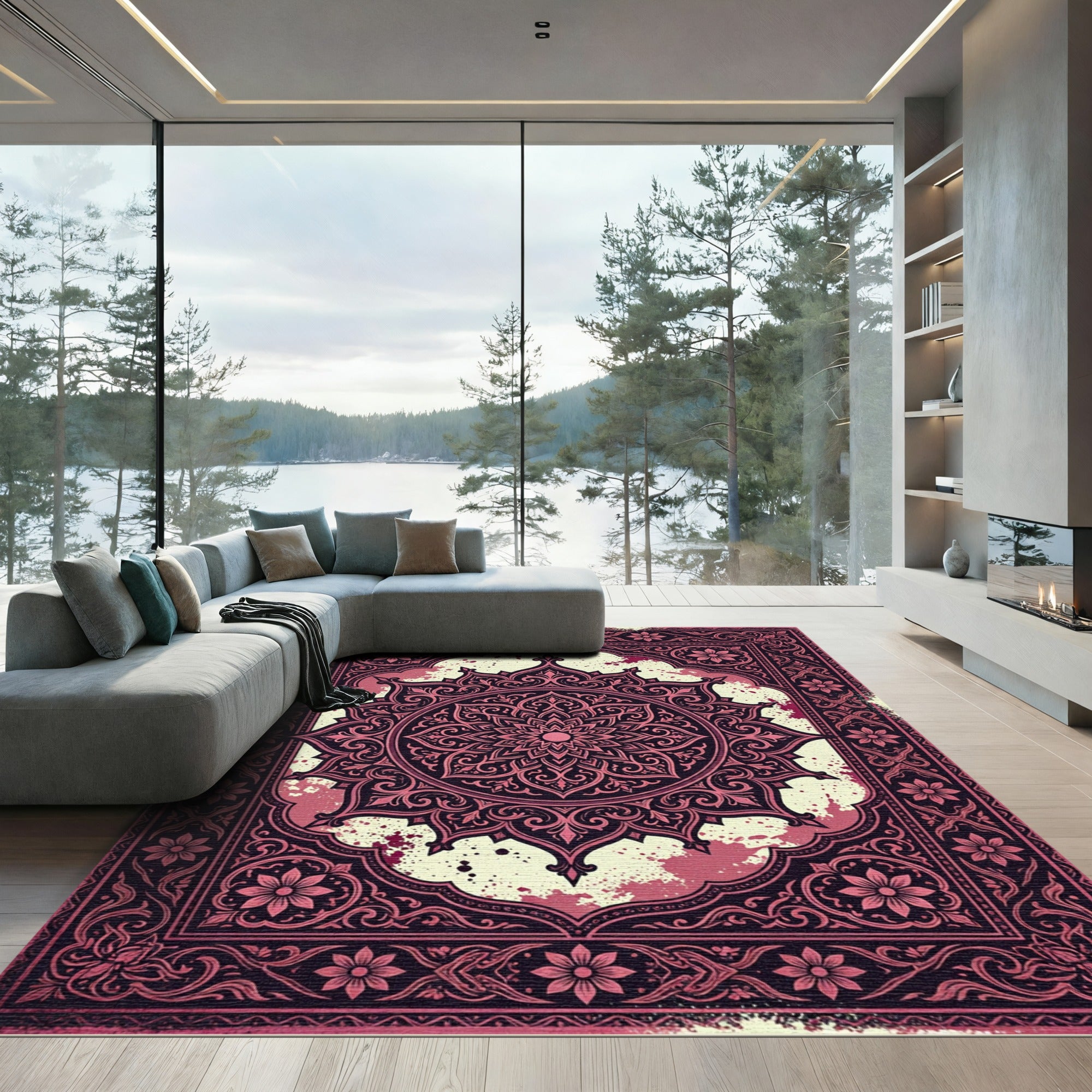 Intricate Maroon Floral Mandala Tapestry Rug