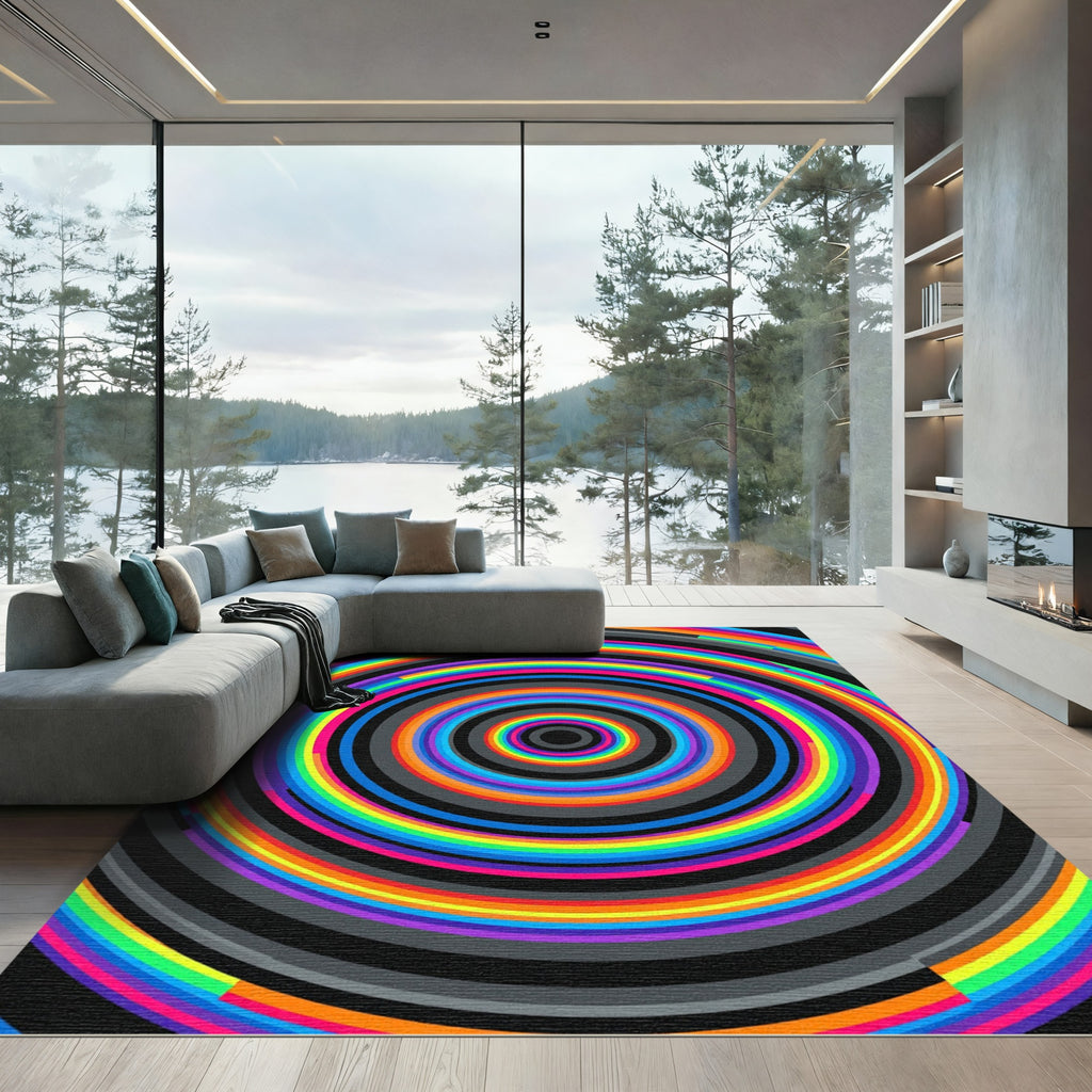 Vibrant Rainbow Concentric Circular Art Rug