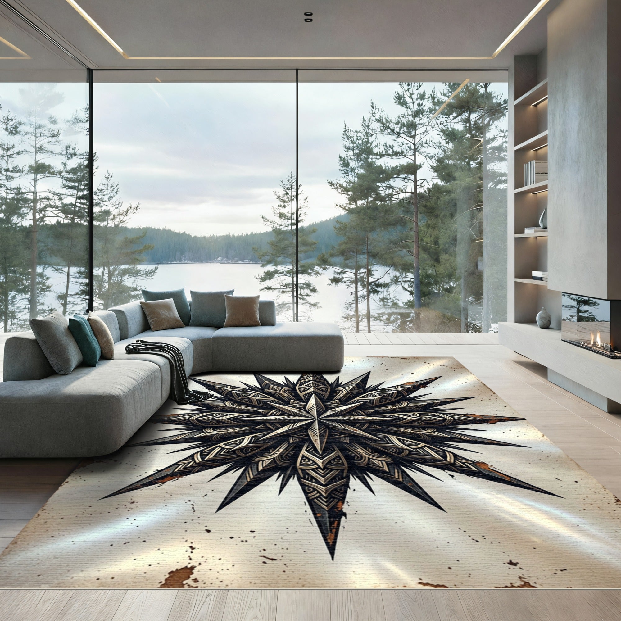 Metallic Silver Ornate Star Compass Rug