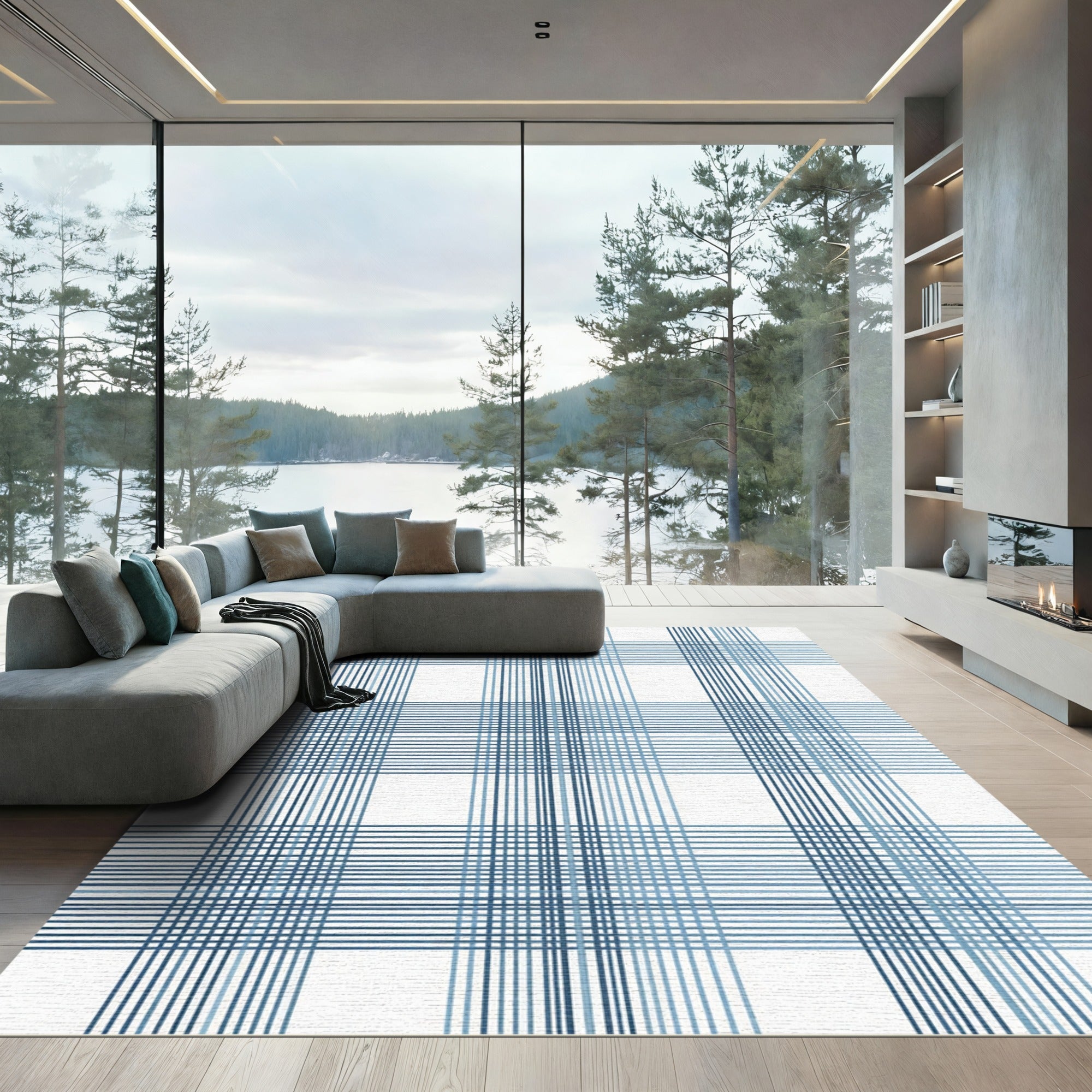 Coastal Blue Plaid Grid Rug