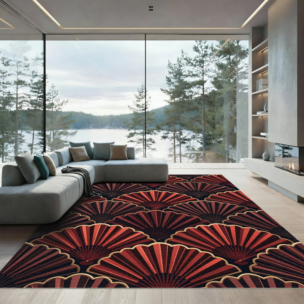 Art Deco Red Fan Pattern Rug