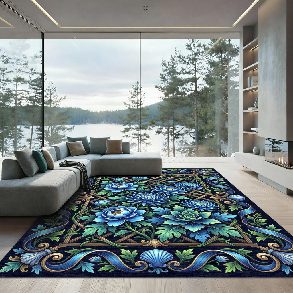 Ornate Blue Chrysanthemum Garden Lattice Rug