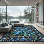 Ornate Blue Chrysanthemum Garden Lattice Rug
