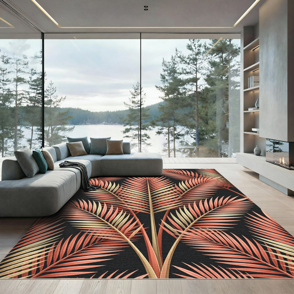 Coral Gold Palm Frond Pattern Rug