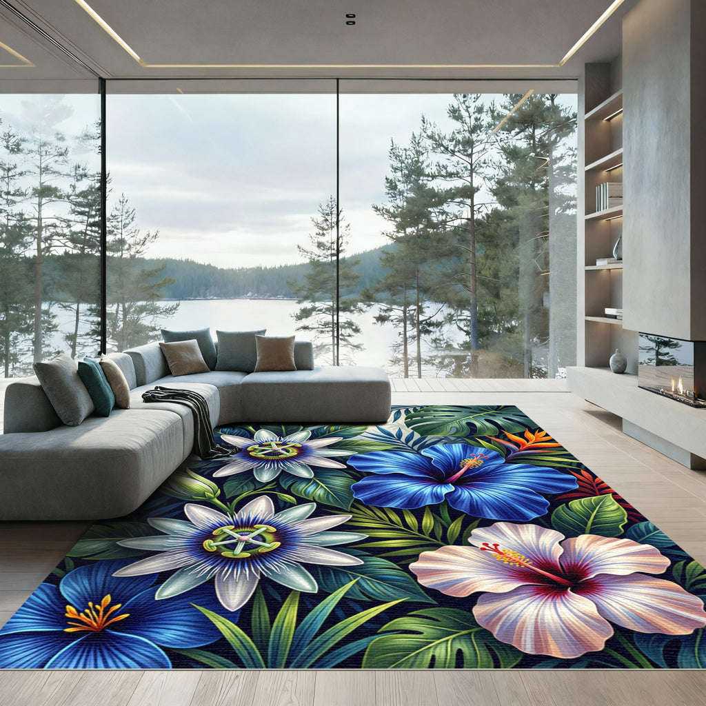 Vibrant Blue White Tropical Flower Medley Rug