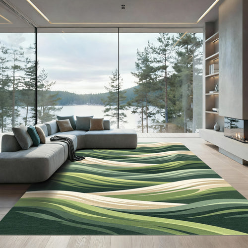 Abstract Sage and Cream Wavy Landscape Rug