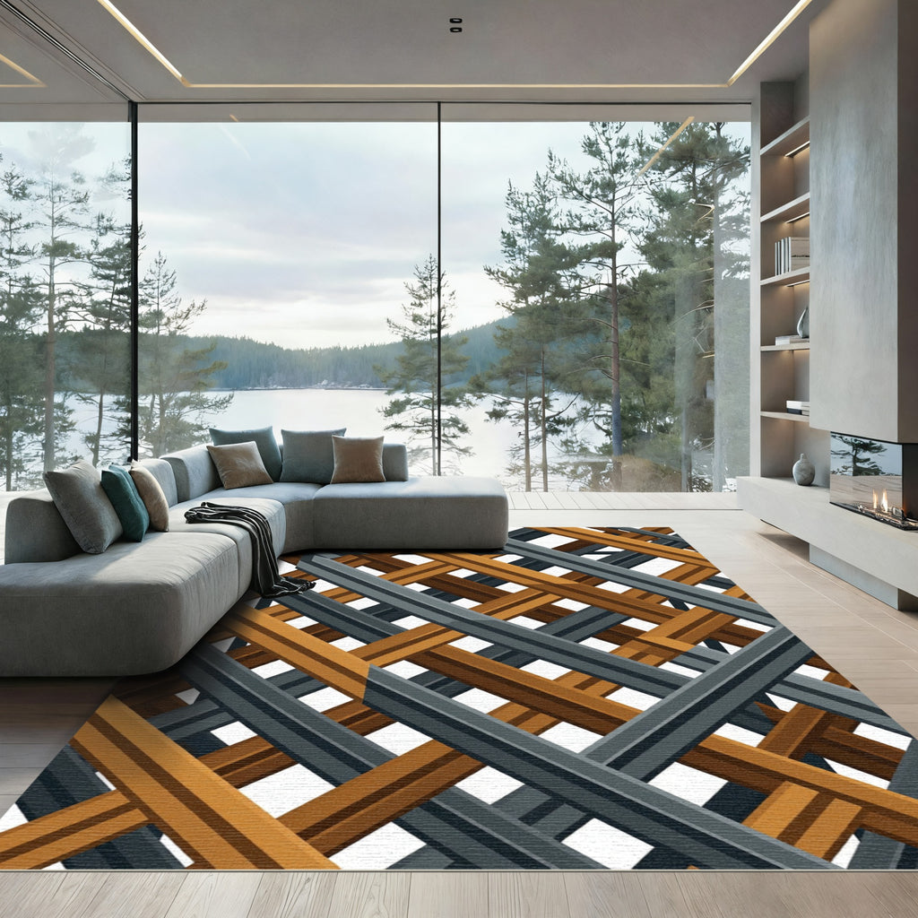 Modern Charcoal and Bronze Interwoven Lattice Rug