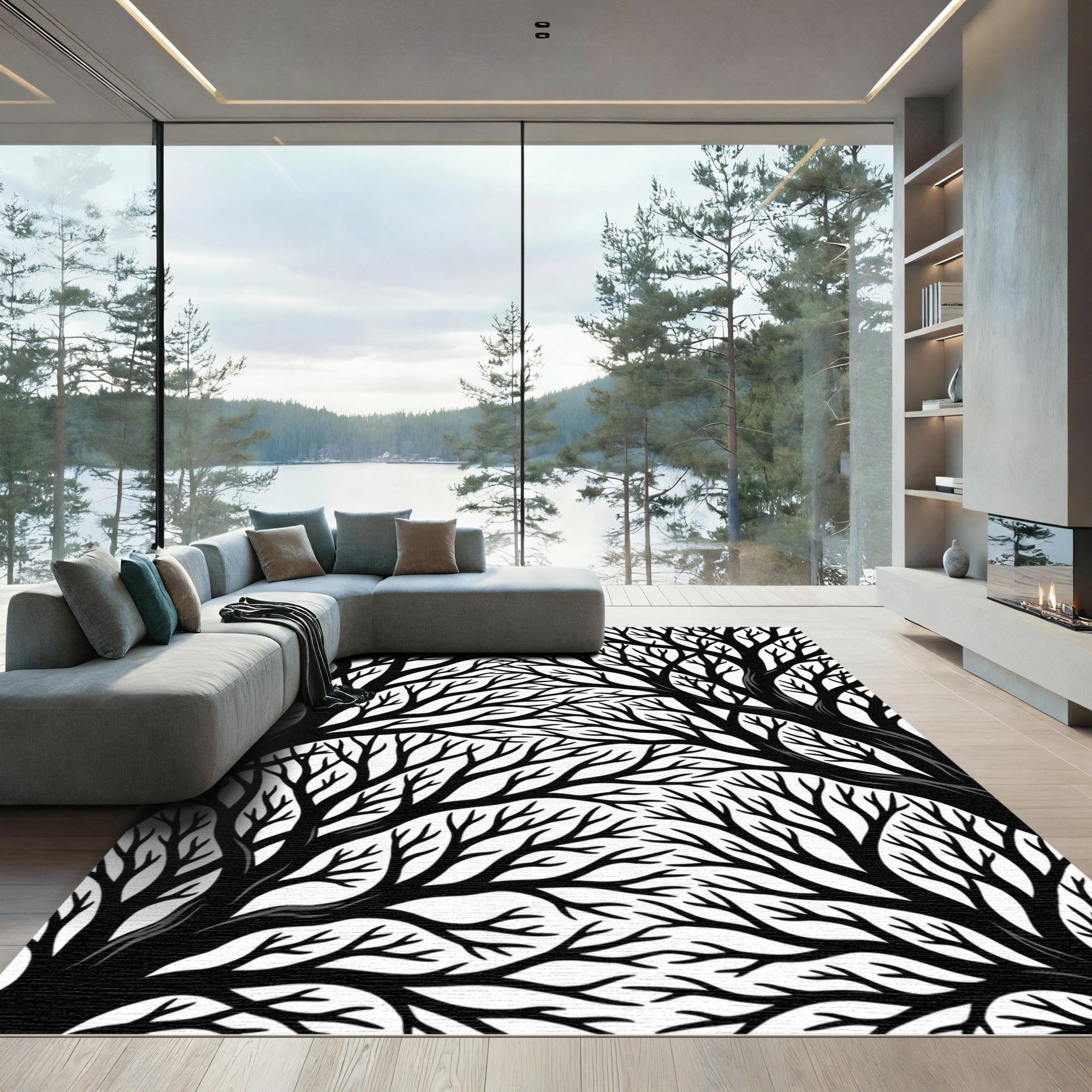 Black White Forest Branches Rug