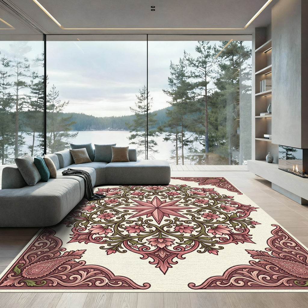 Floral Paisley Medallion Pink Green Rug