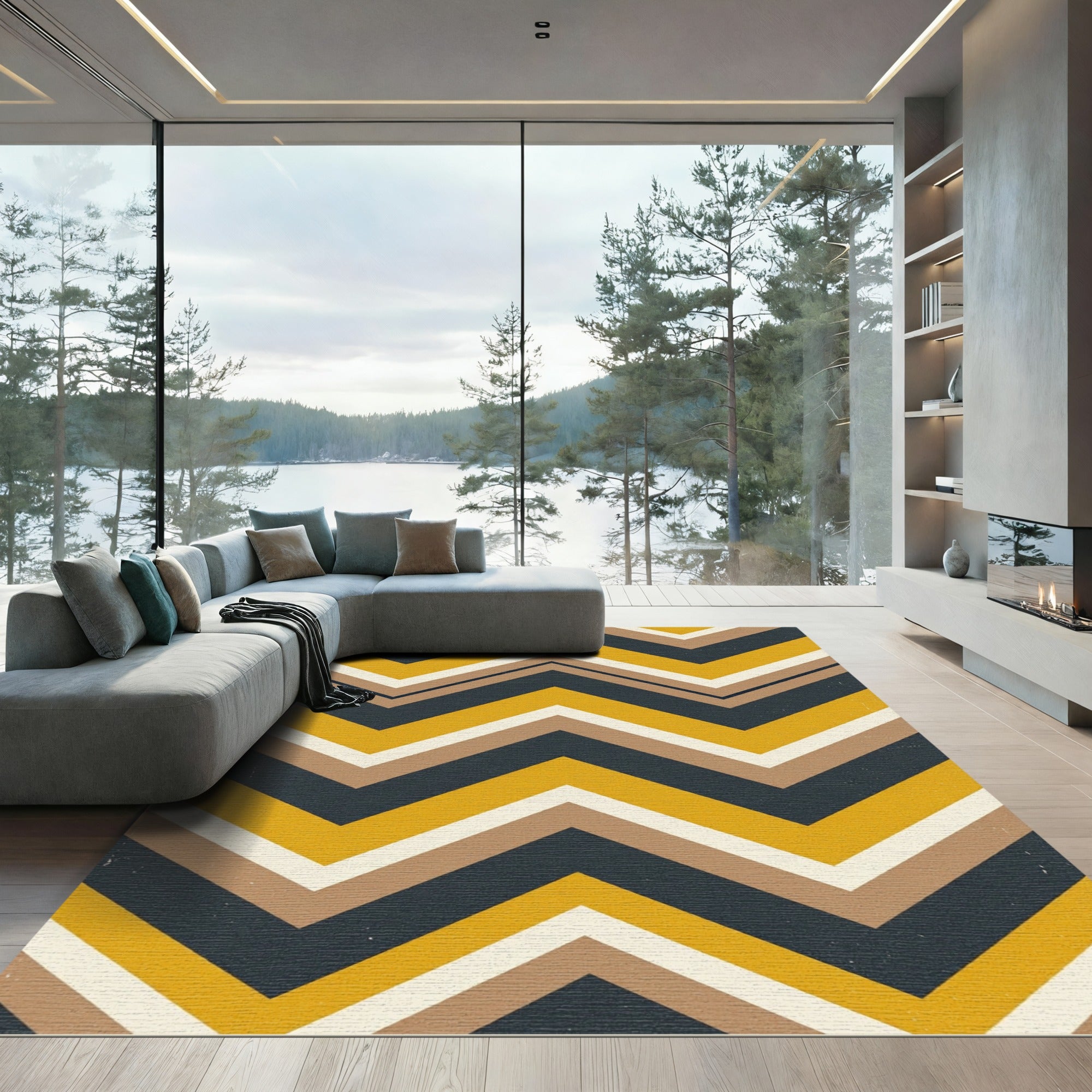 Mid-Century Mustard and Slate Chevron Rug