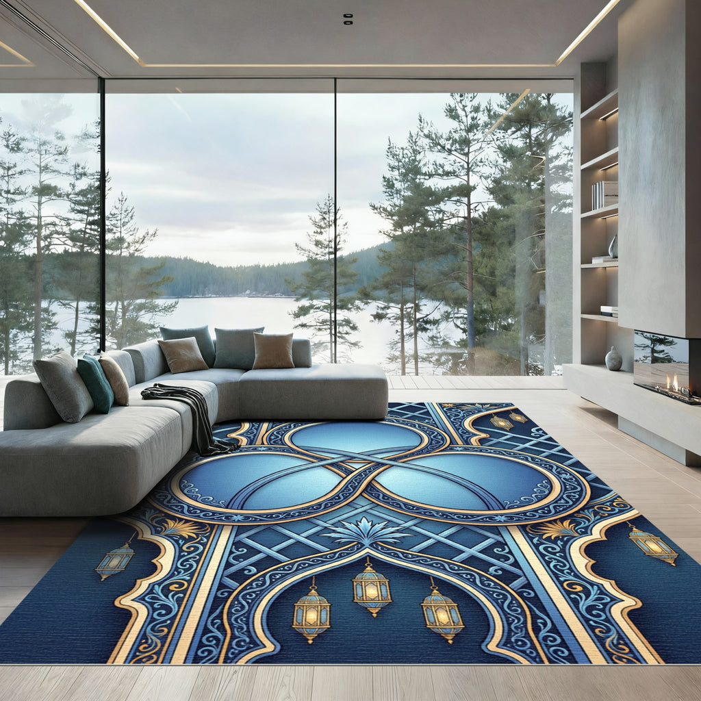 Deep Blue Gold Lantern Medallion Rug