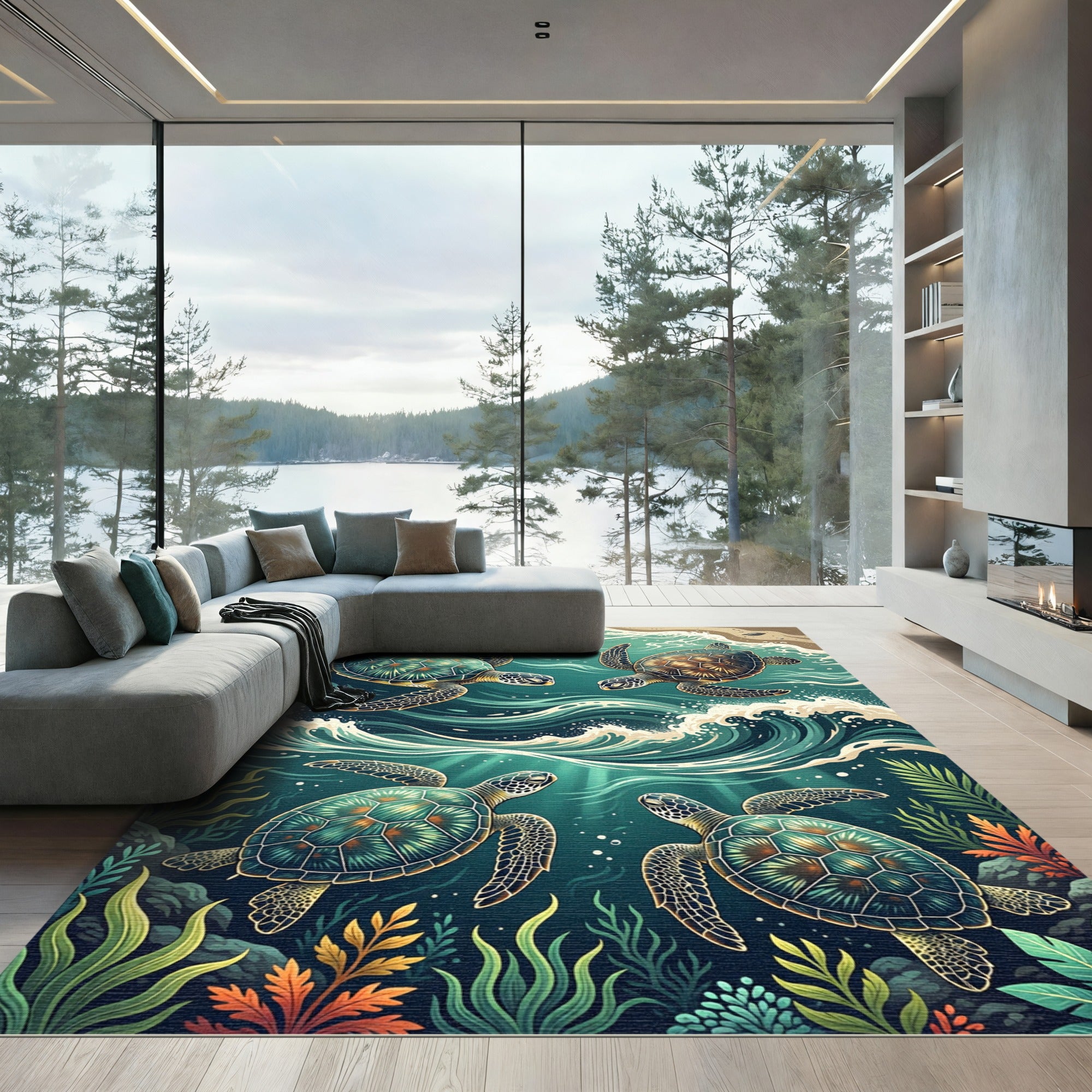 Ethereal Sea Turtle Ocean Wave Art Rug
