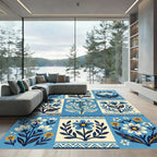 Blue White Floral Botanical Garland Rug