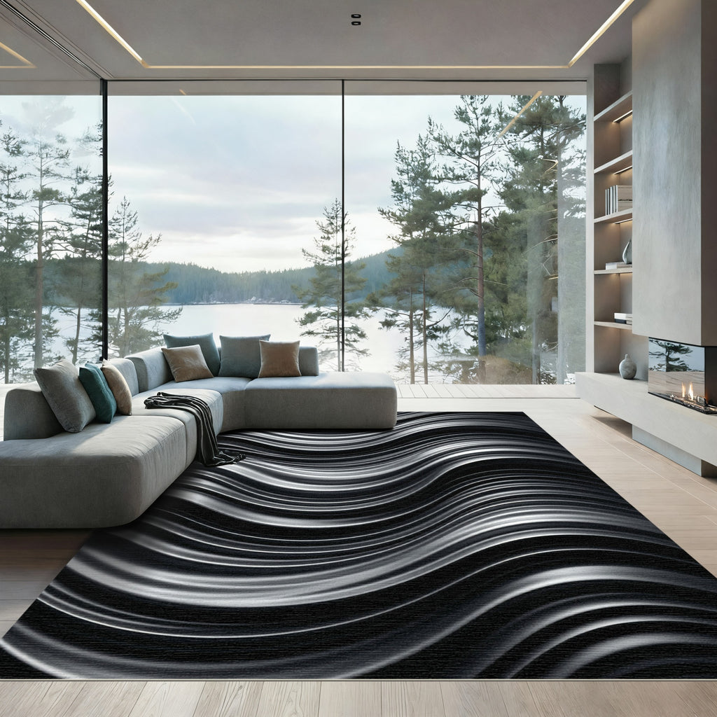 Sleek Black Silver Wave Flow Rug