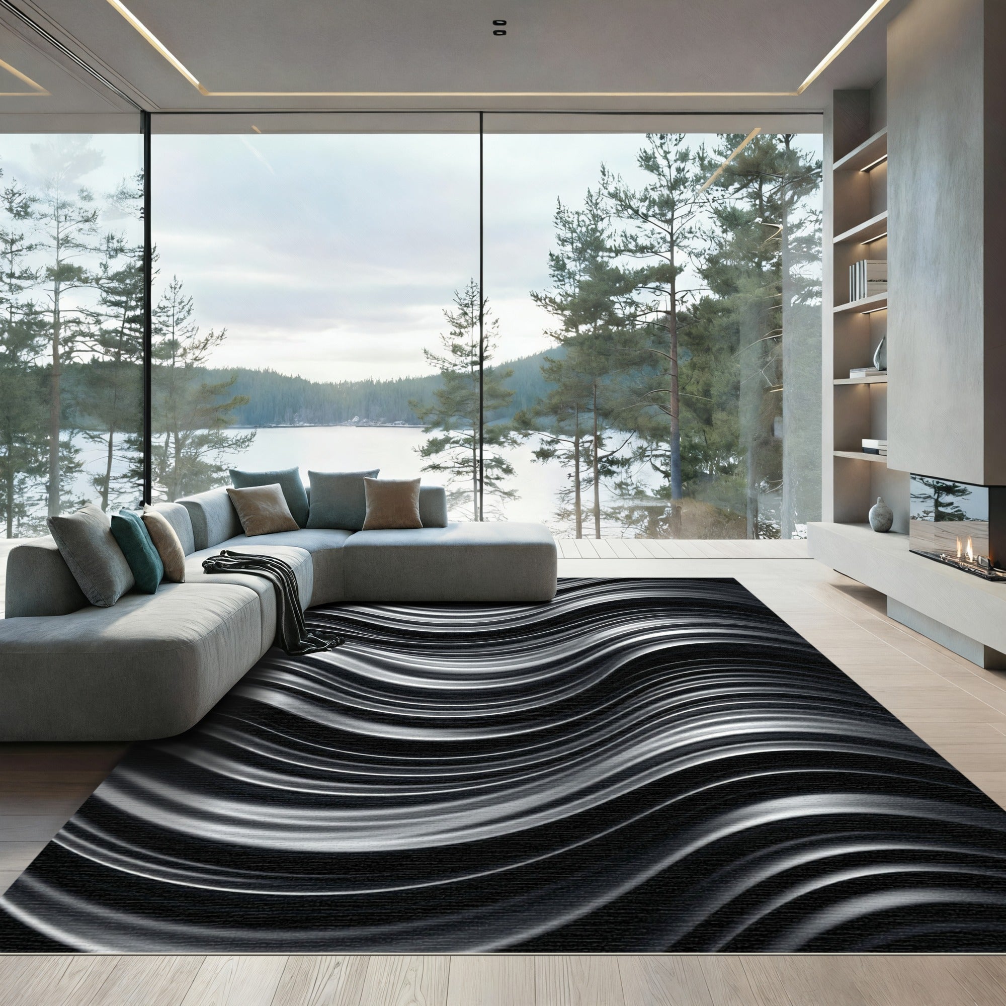 Sleek Black Silver Wave Flow Rug