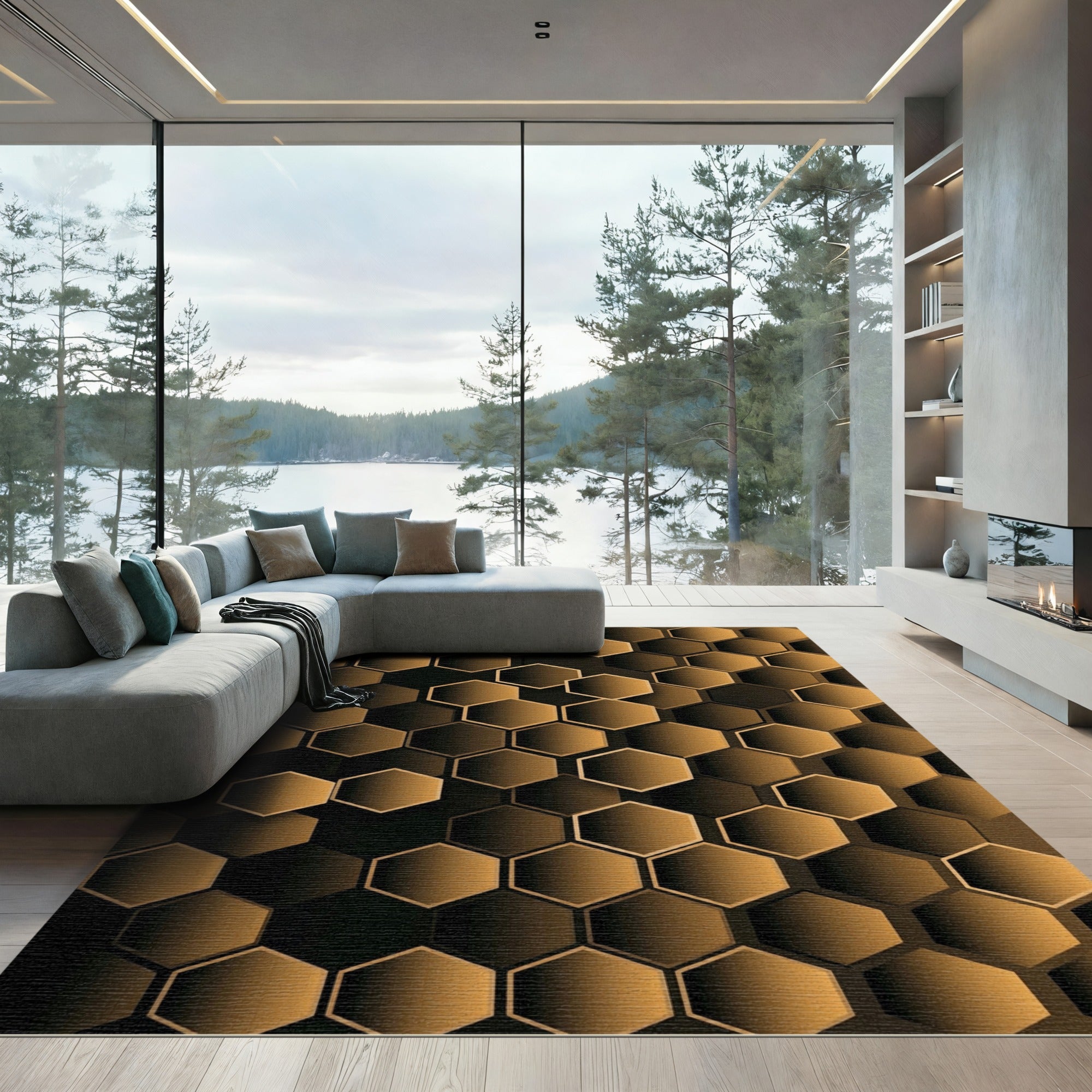 Sophisticated Gold Geometric Hexagon Abstract Rug