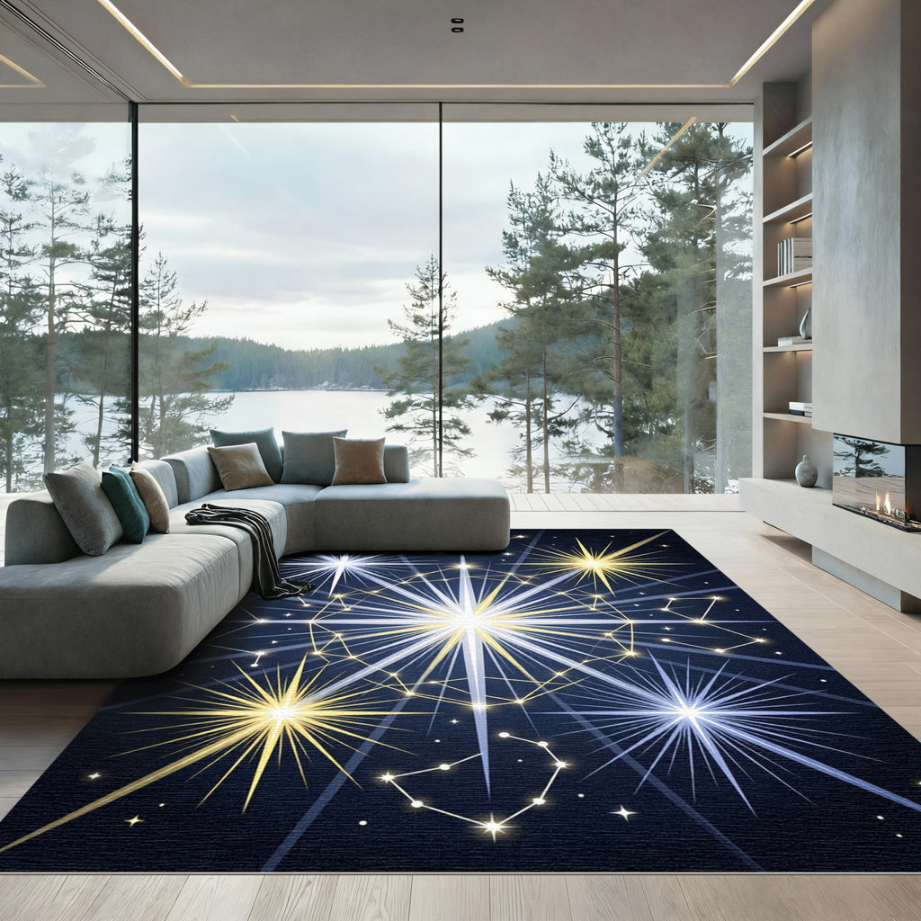 Celestial Gold Navy Constellation Starry Sky Rug