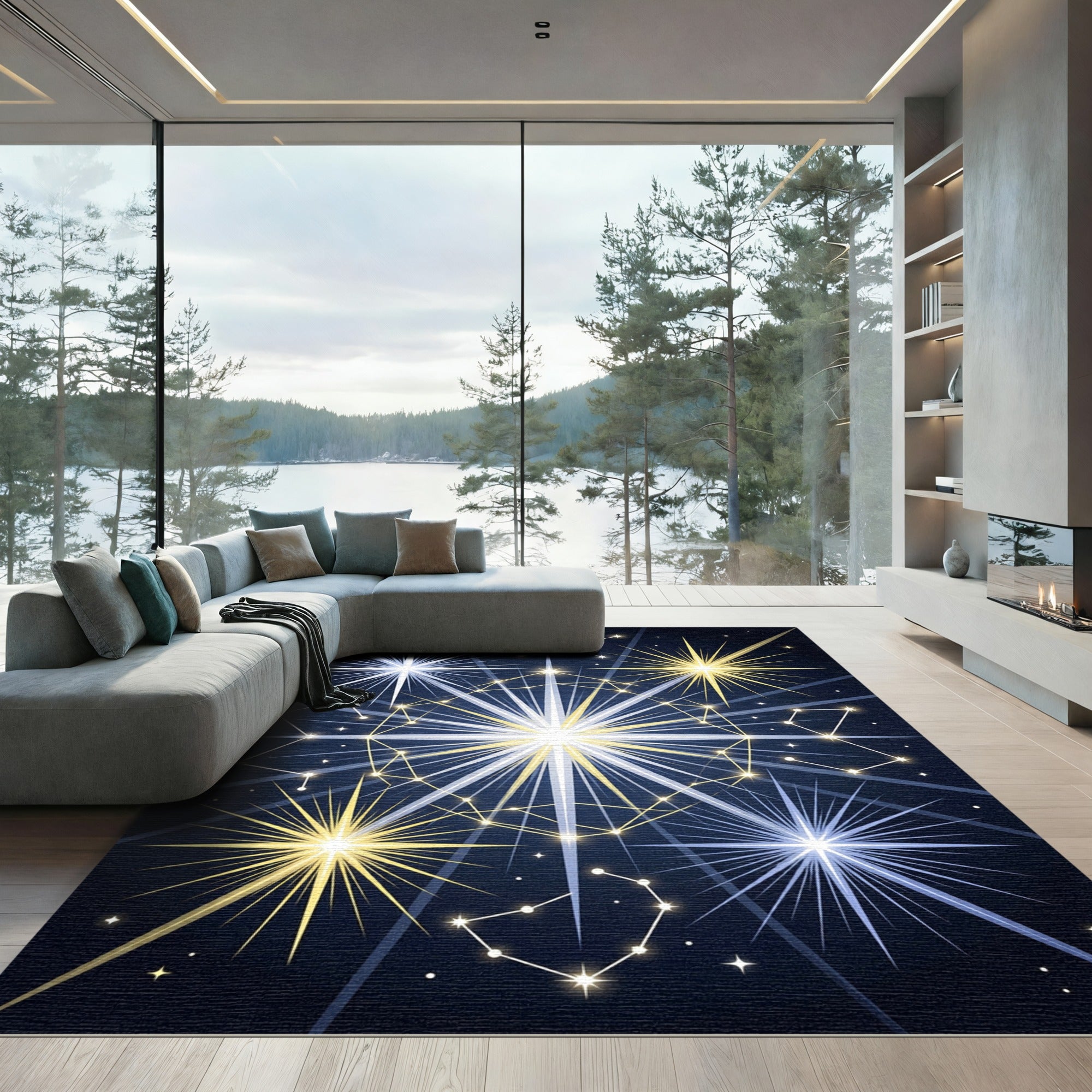 Celestial Gold Navy Constellation Starry Sky Rug