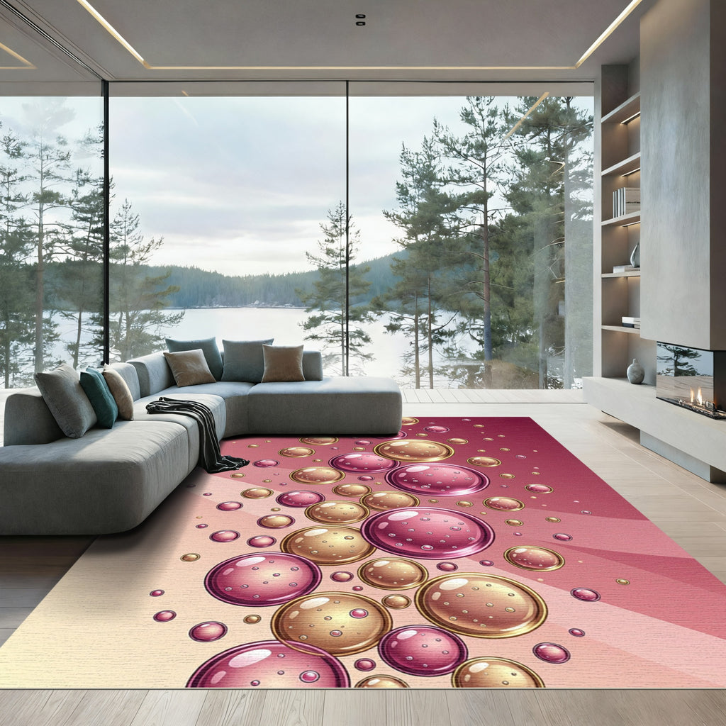 Modern Pink and Gold Floating Bubbles Rug