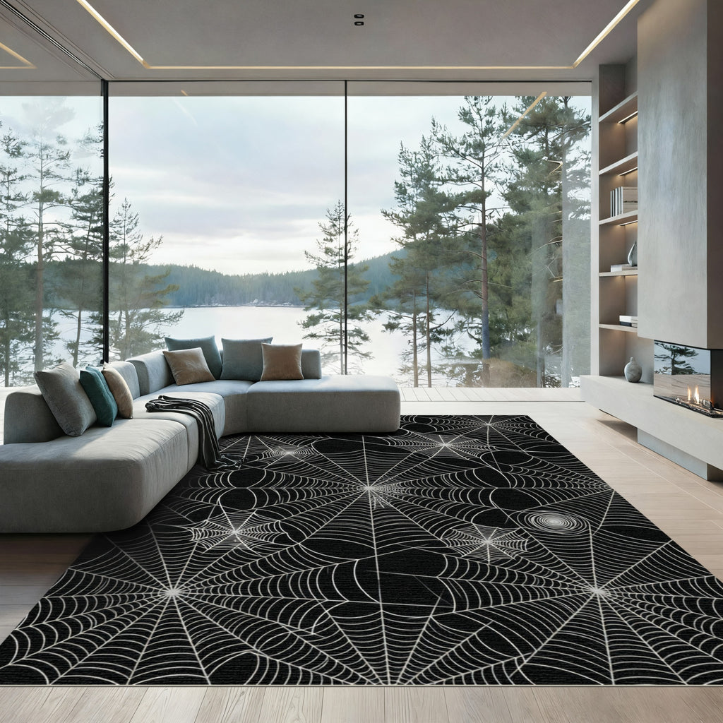 White Spiderweb Net Black Rug