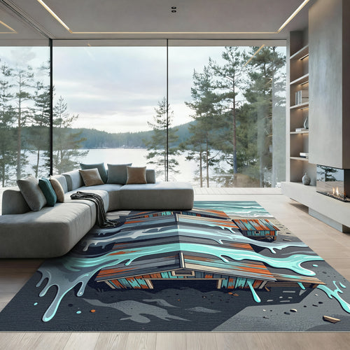 Abstract Coastal Cabin Painted Wood Landscape Rug