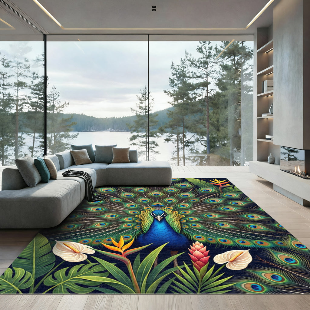 Vibrant Peacock Tropical Garden Area Rug