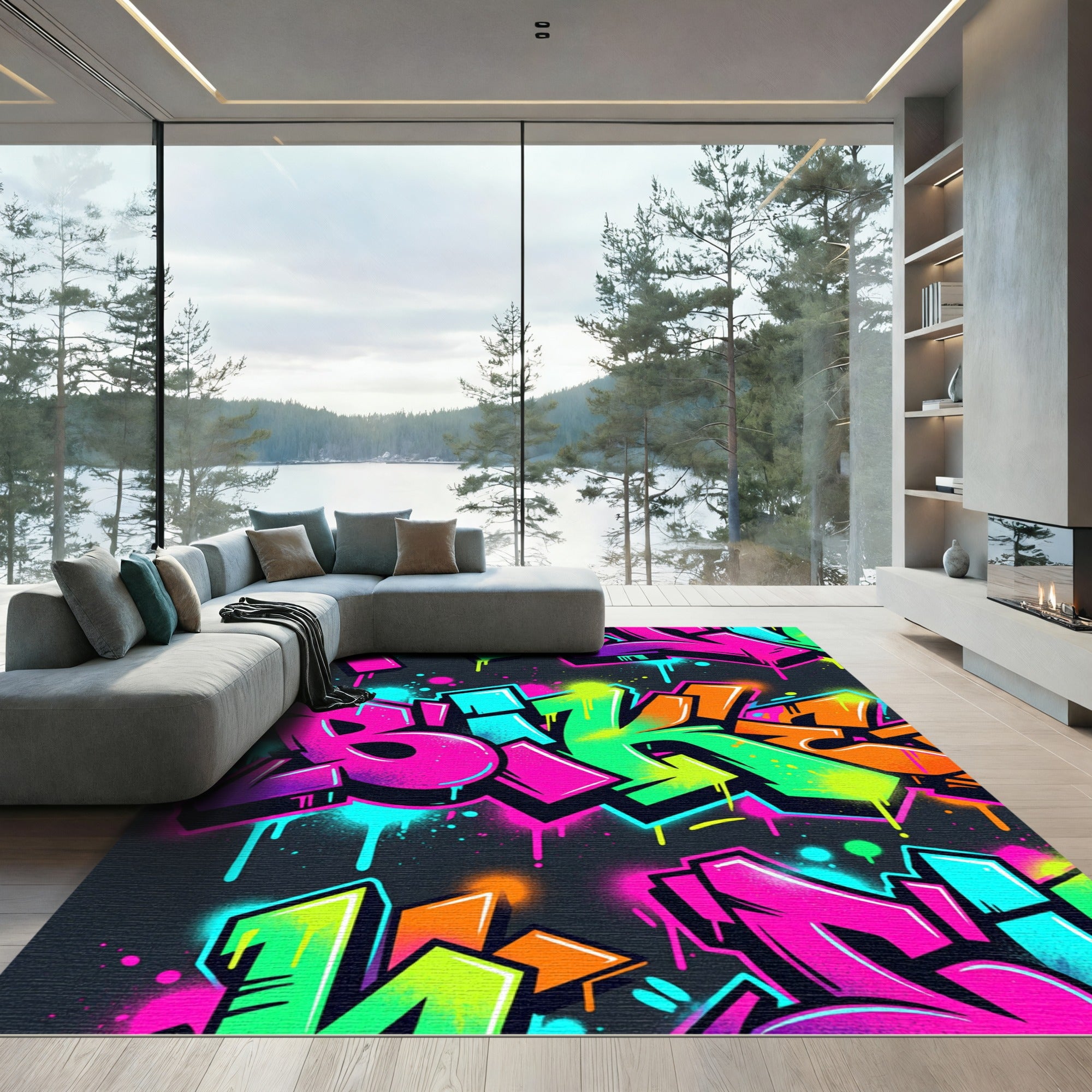 Vibrant Neon Graffiti Street Art Rug