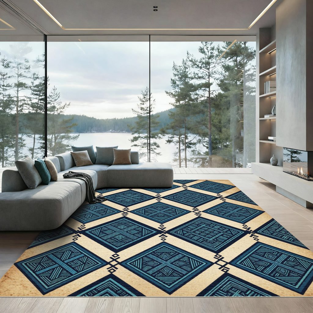 Indigo Geometric Diamond Lattice Art Rug