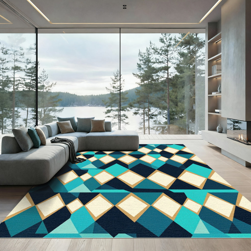 Navy Teal Cream Geometric Diamond Rug