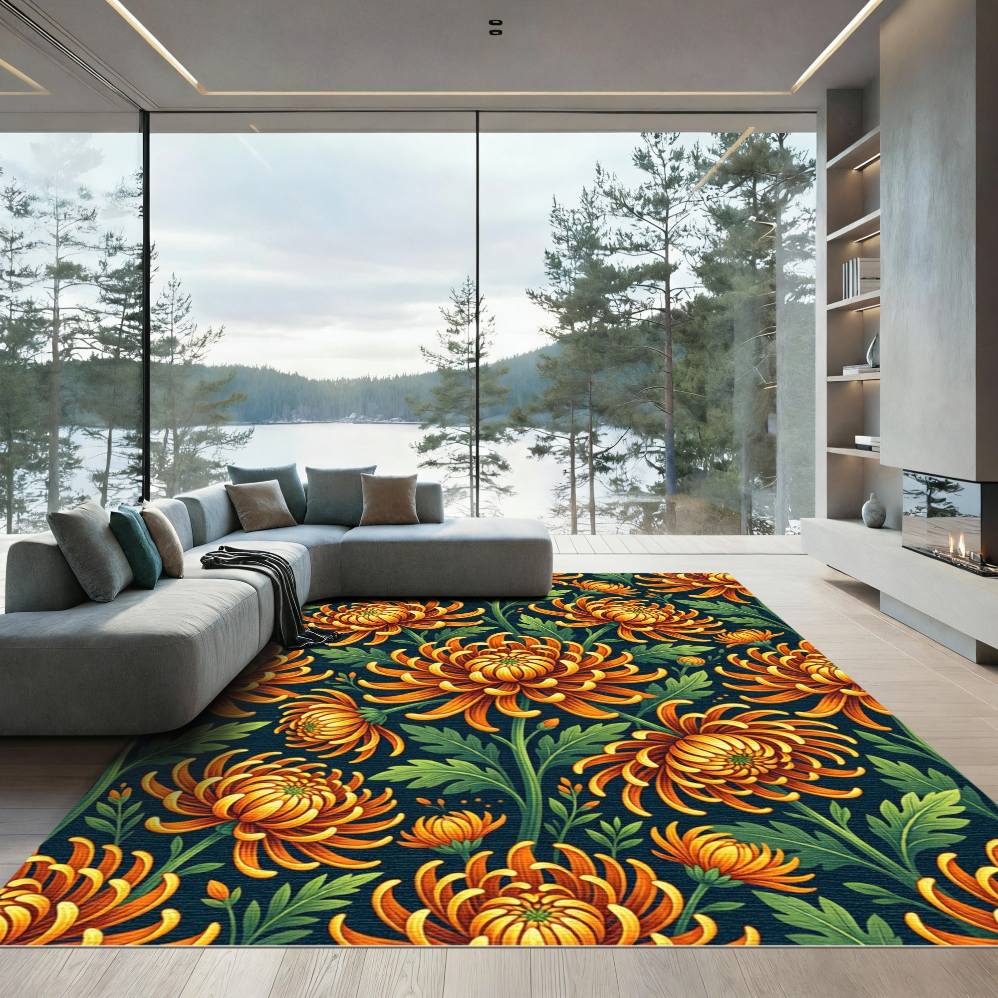 Golden Chrysanthemum Floral Botanical Illustration Rug