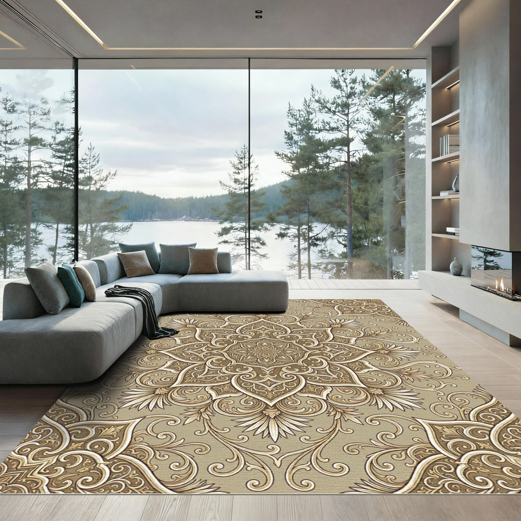 Golden Beige Filigree Medallion Rug