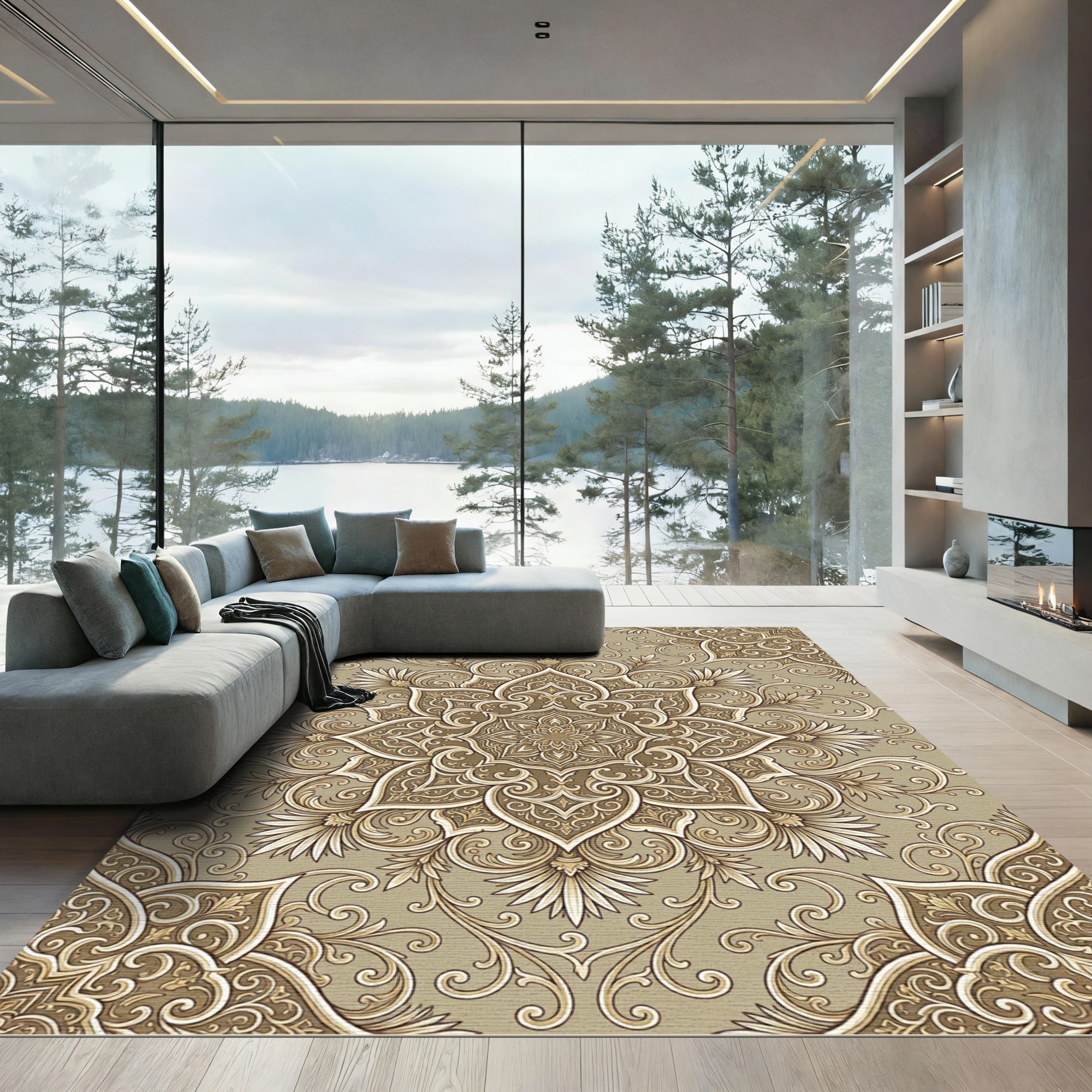 Golden Beige Filigree Medallion Rug