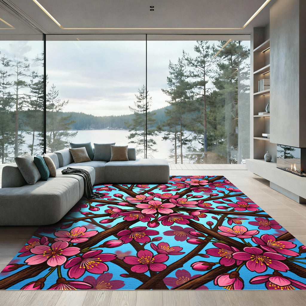 Vibrant Pink Cherry Blossom Branches Rug