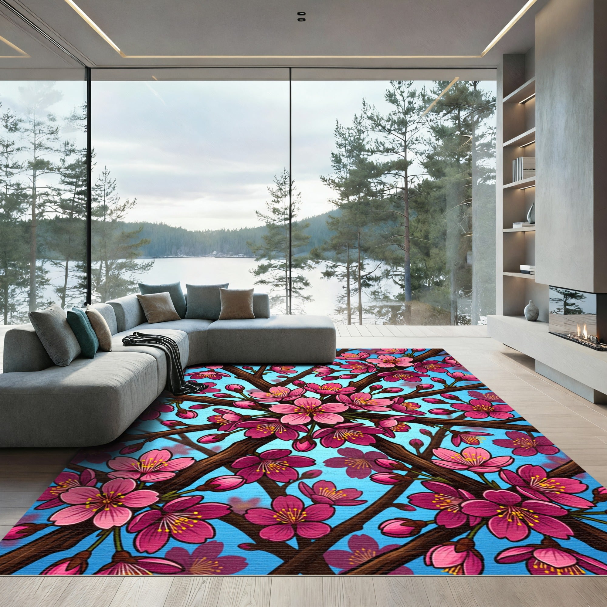 Vibrant Pink Cherry Blossom Branches Rug
