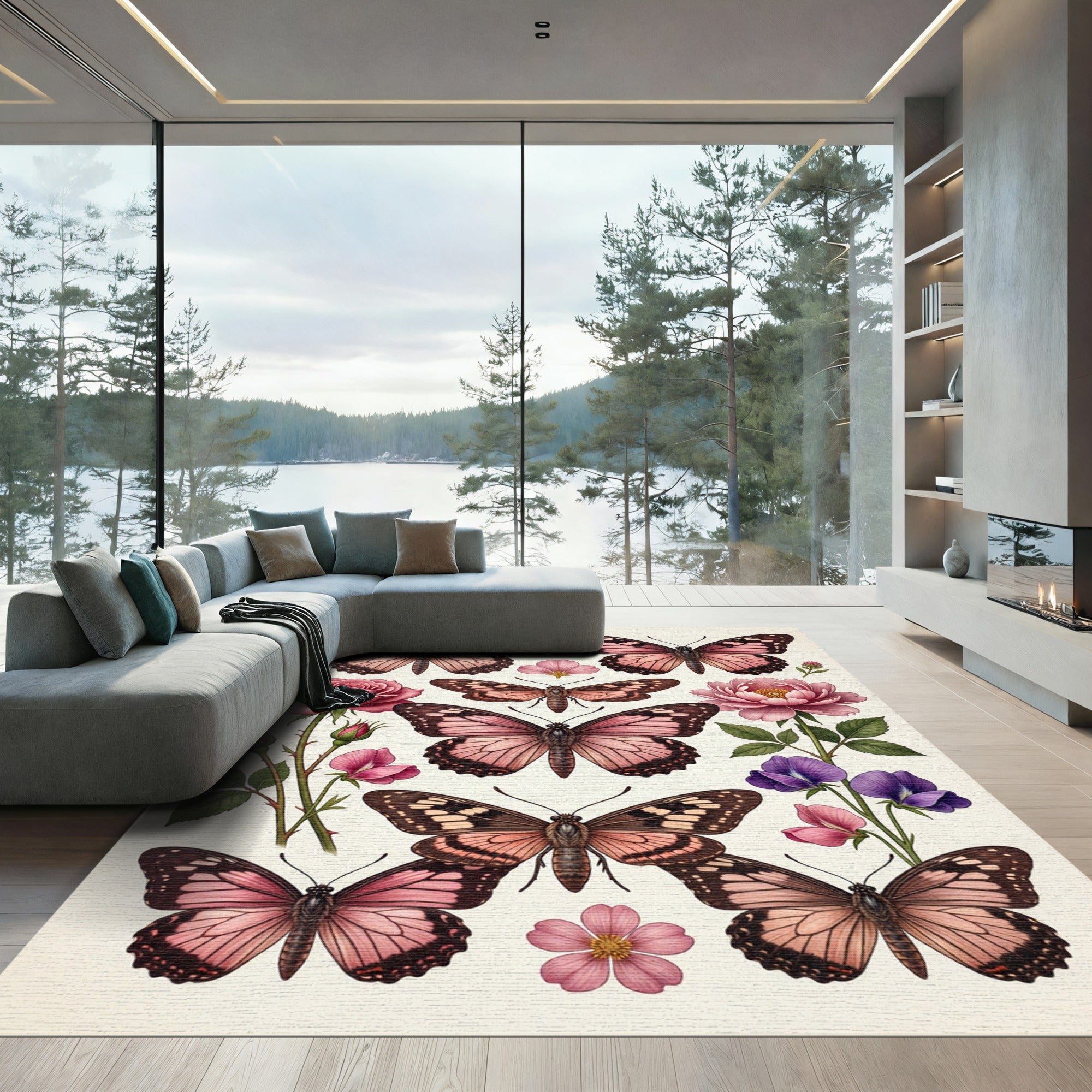 Pink Butterflies and Roses Collage Rug