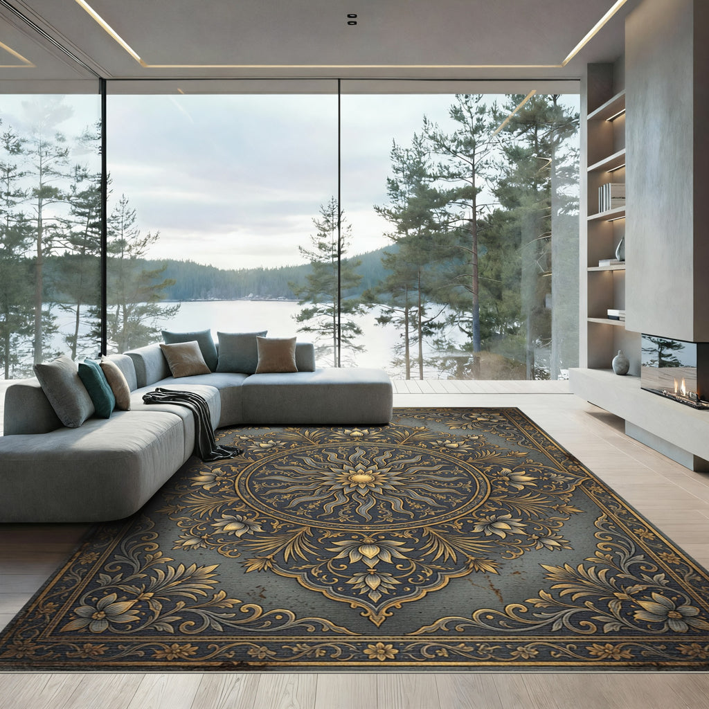 Ornate Gold Floral Medallion Slate Area Rug