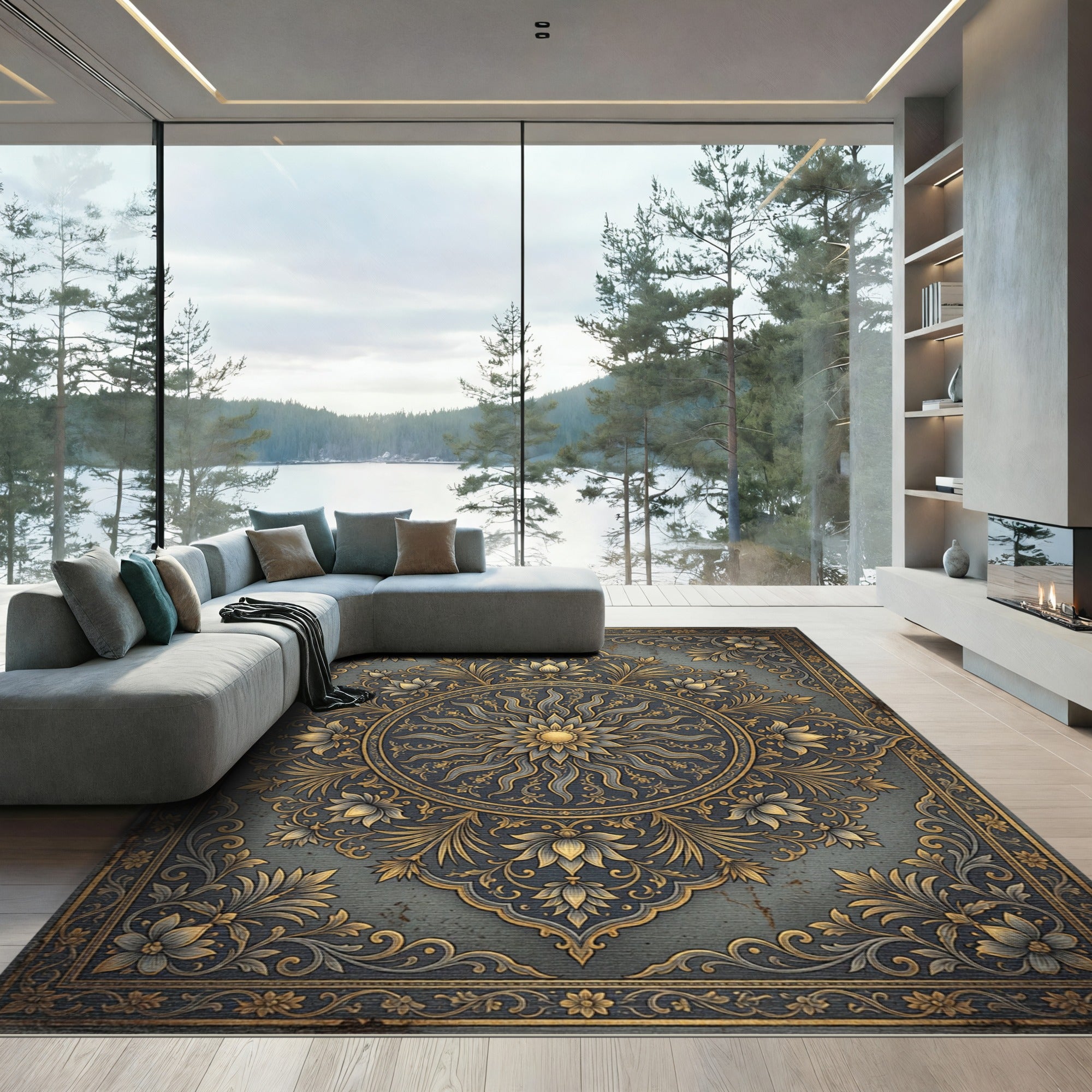Ornate Gold Floral Medallion Slate Area Rug