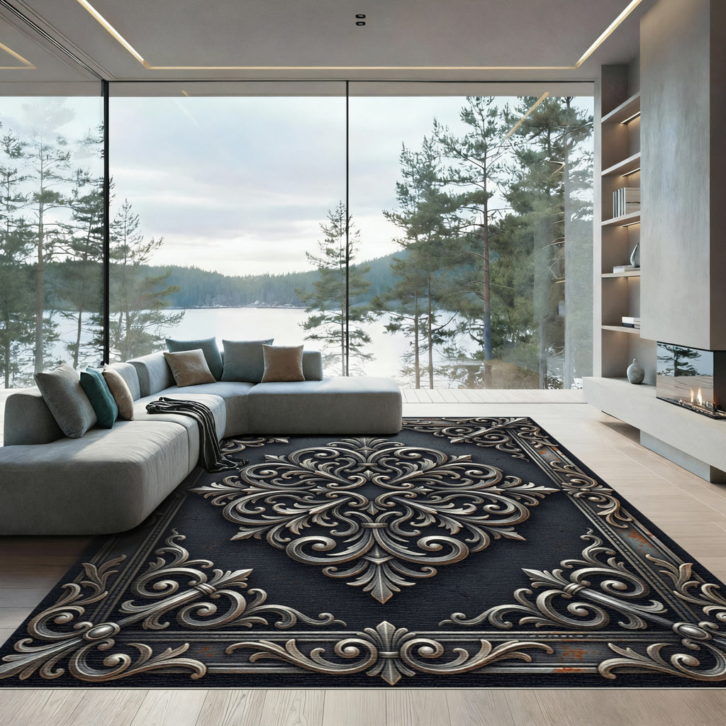 Ornate Silver Filigree Charcoal Iron Scroll Rug