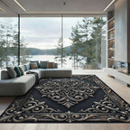 Ornate Silver Filigree Charcoal Iron Scroll Rug
