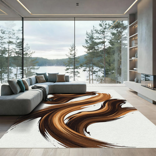 Abstract Brown Swirl Movement Art Rug