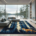 Midnight Forest Animals and Birch Trees Rug