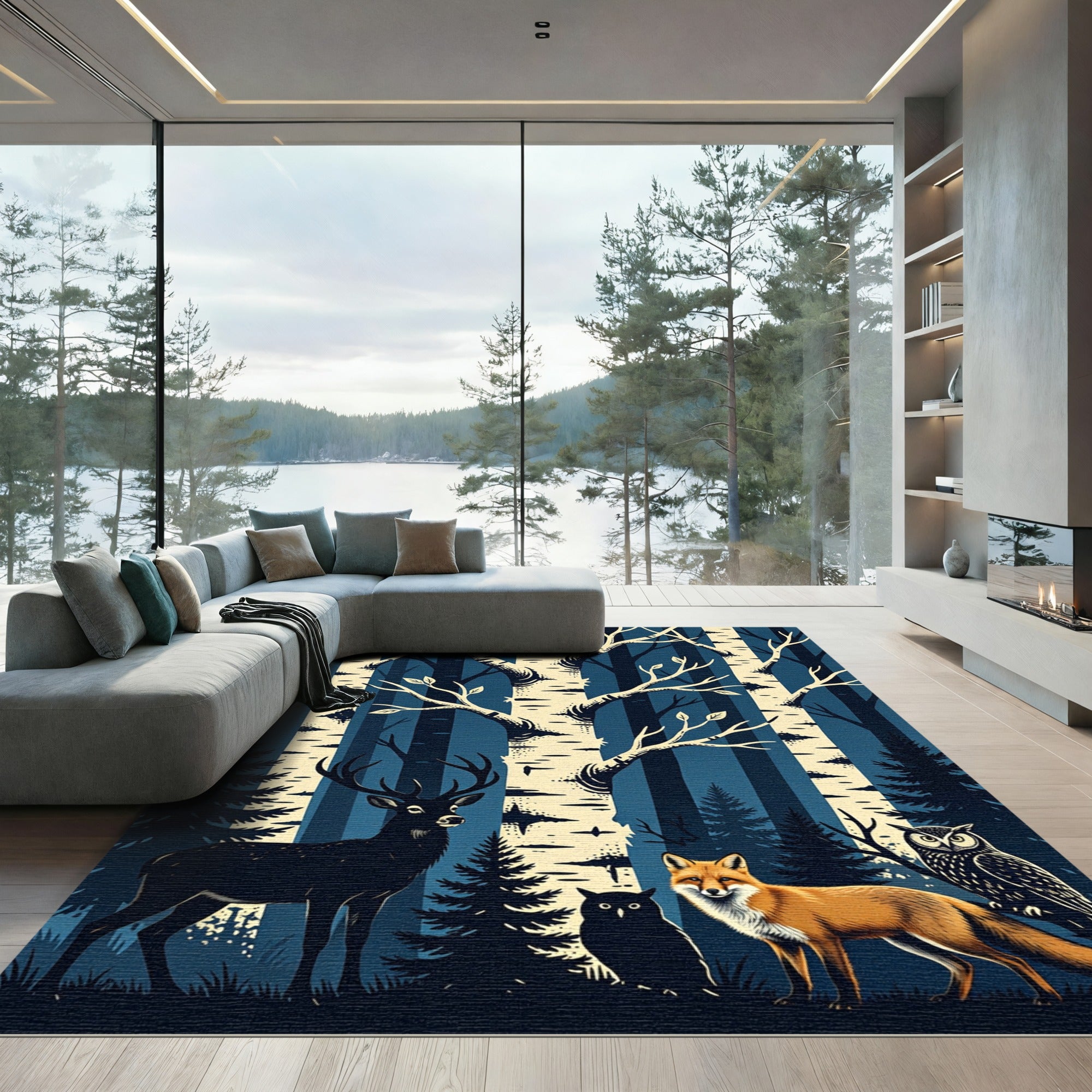 Midnight Forest Animals and Birch Trees Rug