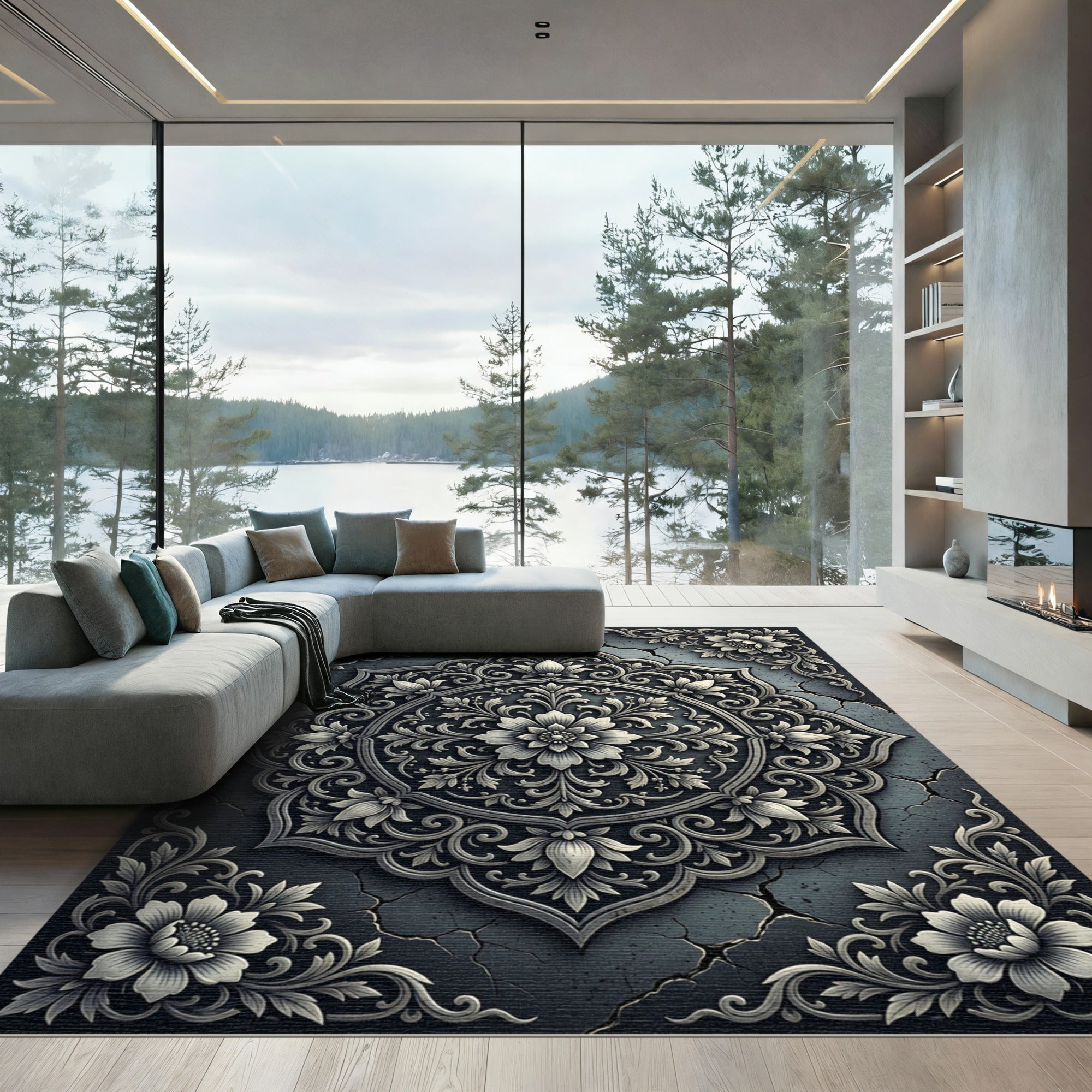 Ornate Gray Floral Mandala Relief Rug